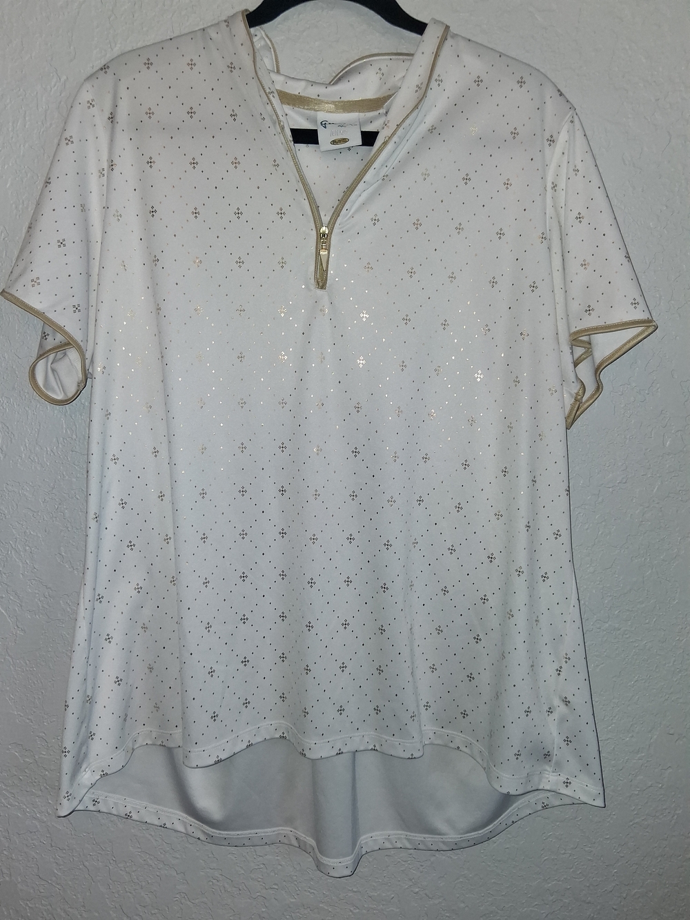 ​Greg Norman Play Dry Womens Golf Shirt XXL White Gold Foil Print 1/4 Zip Top